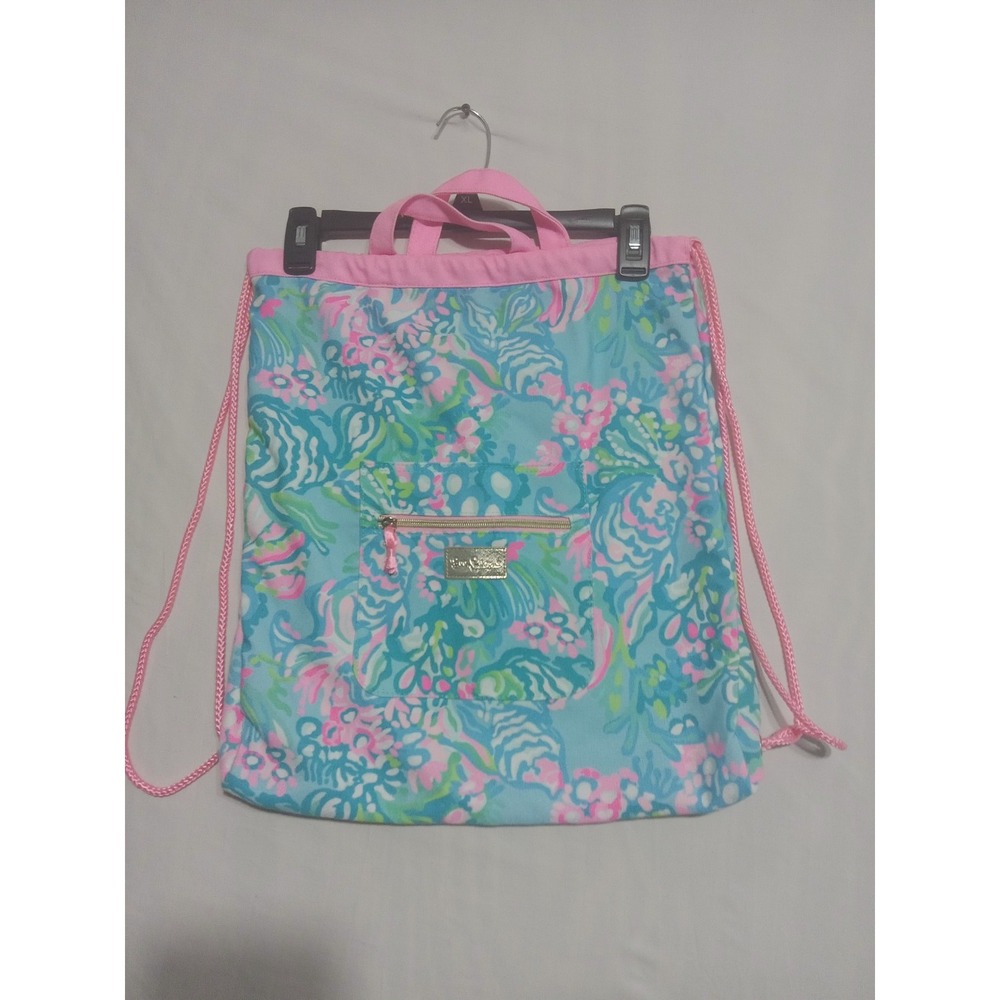 Lilly Pulitzer Aqua La Vista Blue Ibiza Drawstring Backpack / Tote Bag